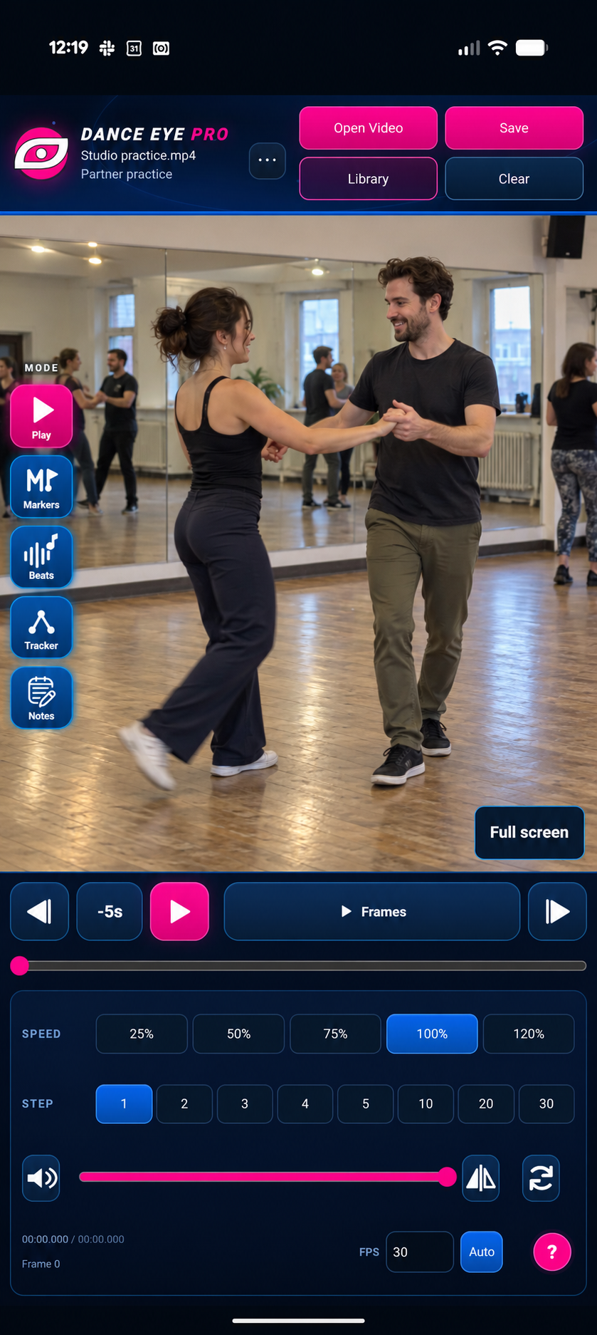 Dance Eye Pro app interface with a generated partner-dance practice video in the player.