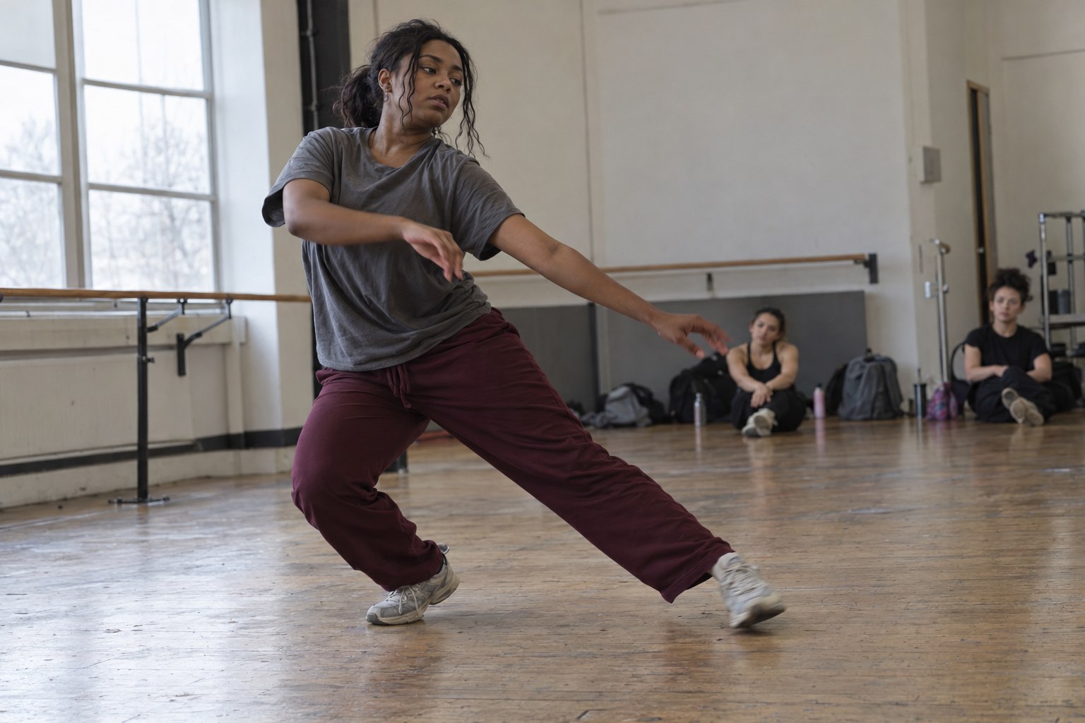 Illustrative solo dance practice in a studio.